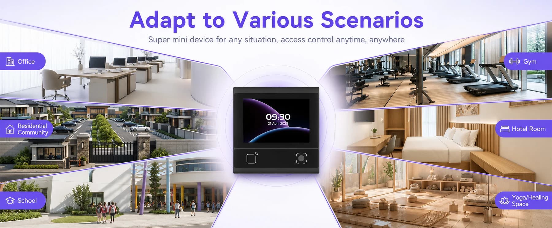 FC6820 application concept collage with office, gym, residential and education settings