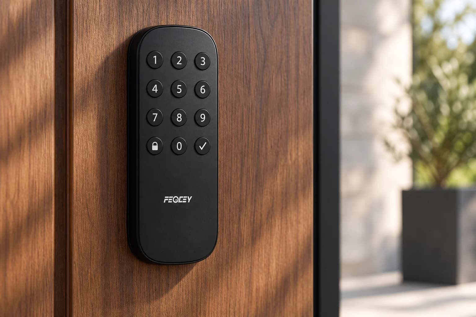 Illustrative close view of the X-Gen 1 Smart Lock 004 keypad and walnut door