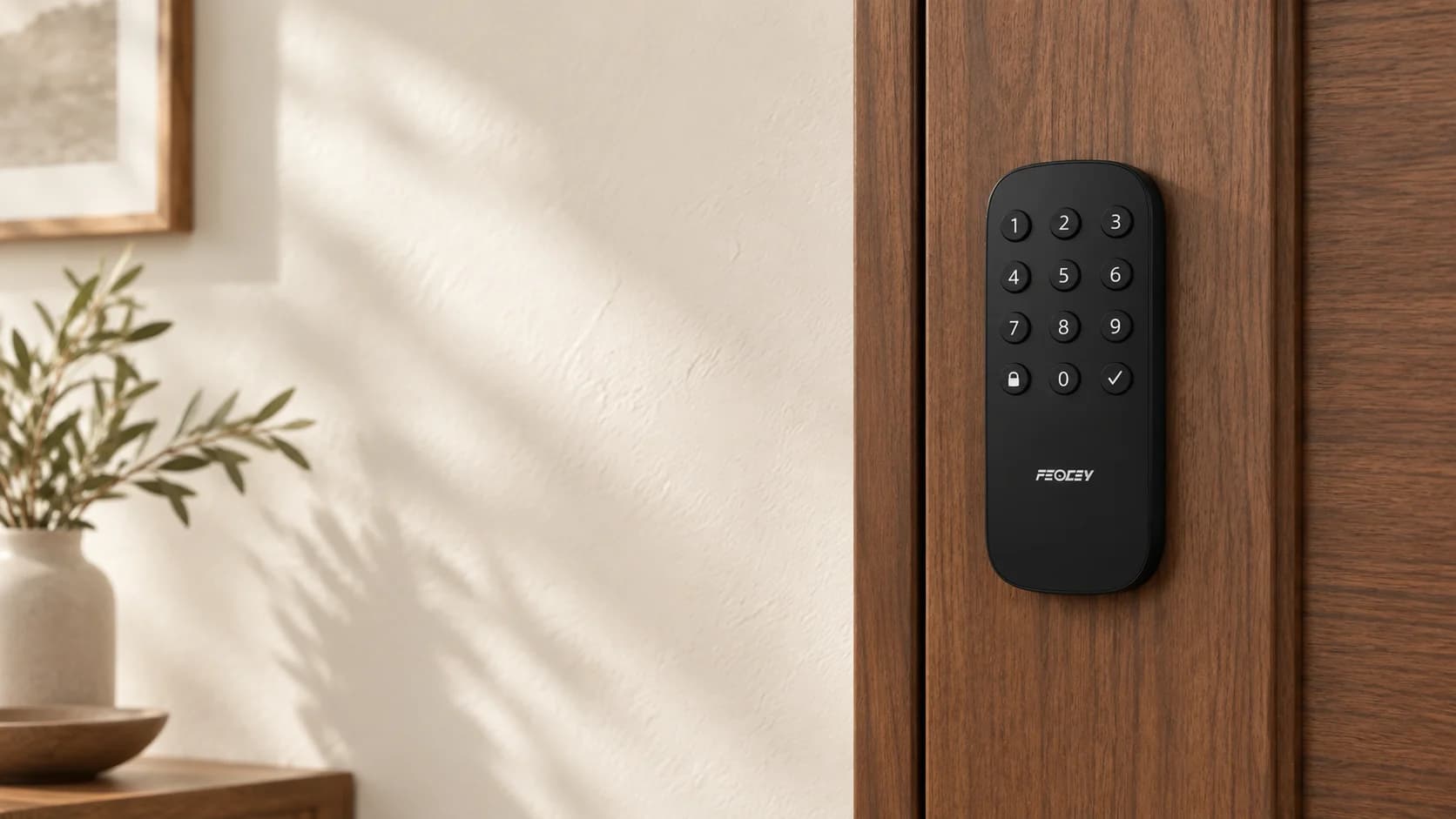 Application illustration of an X-Gen 1 Smart Lock 004 keypad on a walnut door
