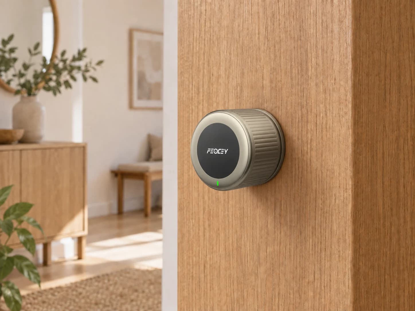 Application illustration of an X-Gen 1 Smart Lock 001 interior knob on an oak door