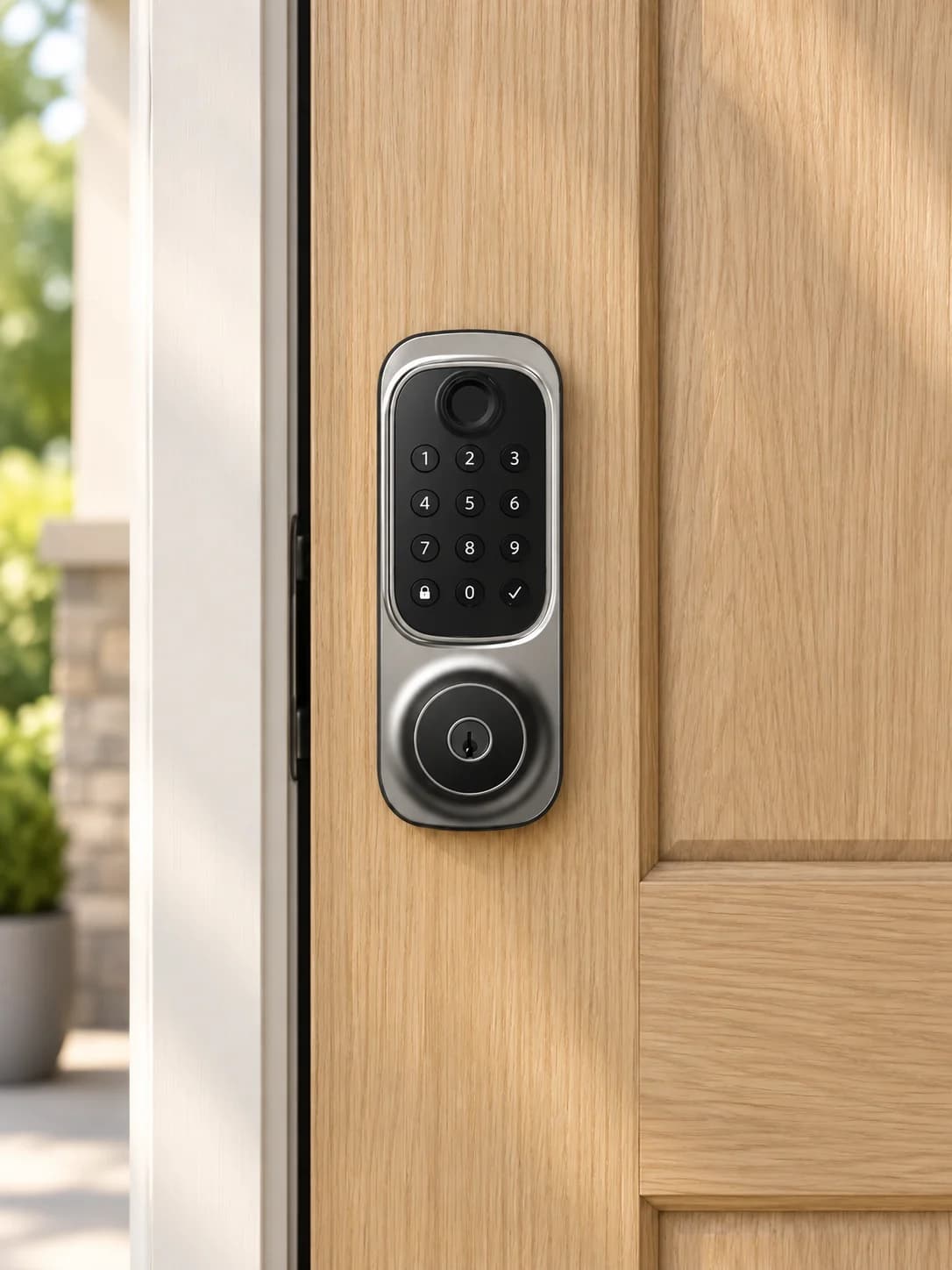 Application illustration of Smart Door Lock 002 on a residential oak door