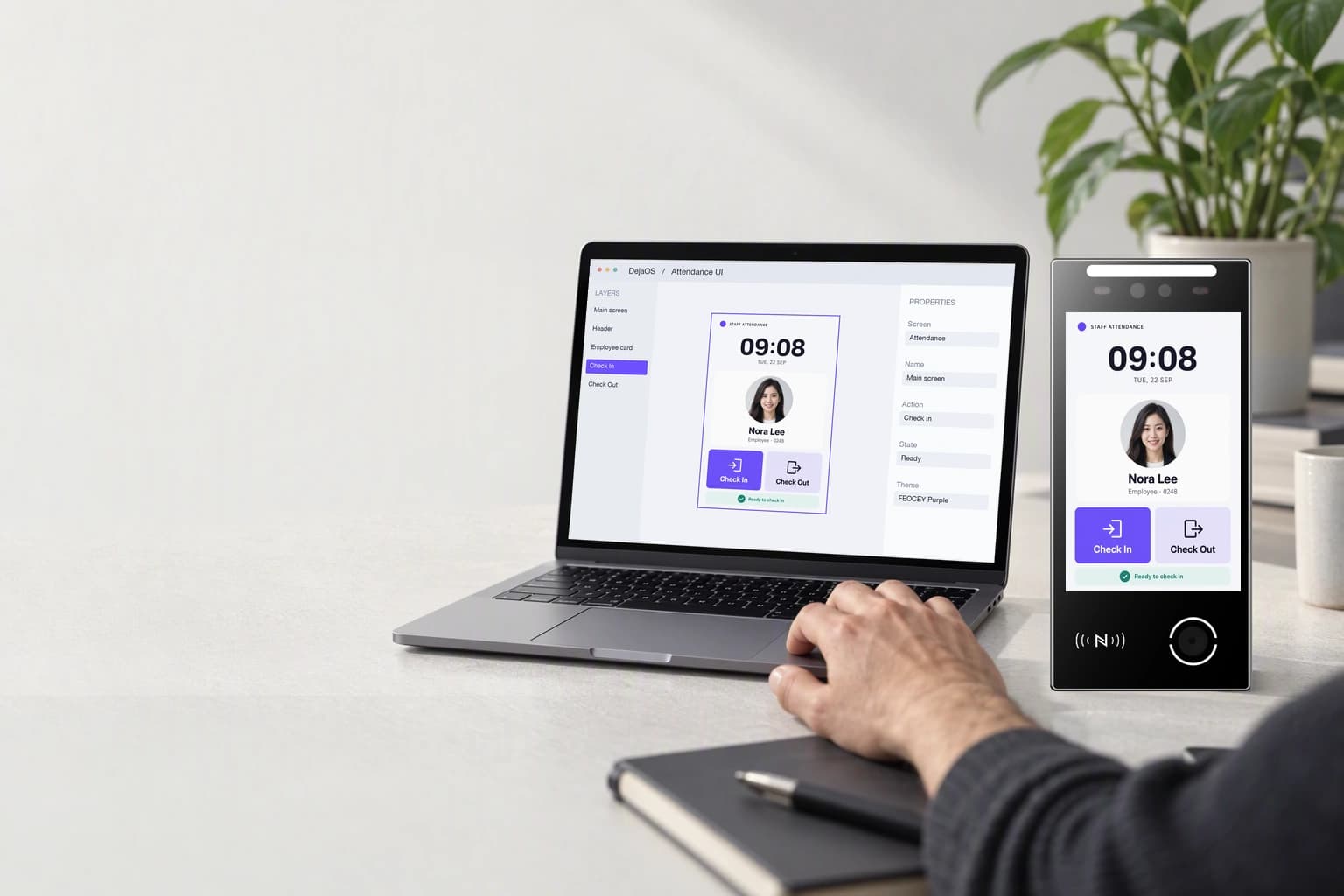 Workflow illustration of an attendance interface on a laptop and terminal; not an actual software screenshot.