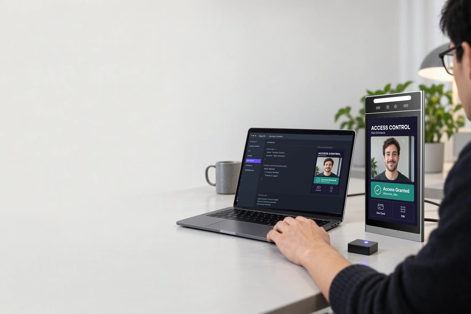 Workflow illustration of a developer testing an access application beside a terminal; not an actual software screenshot.