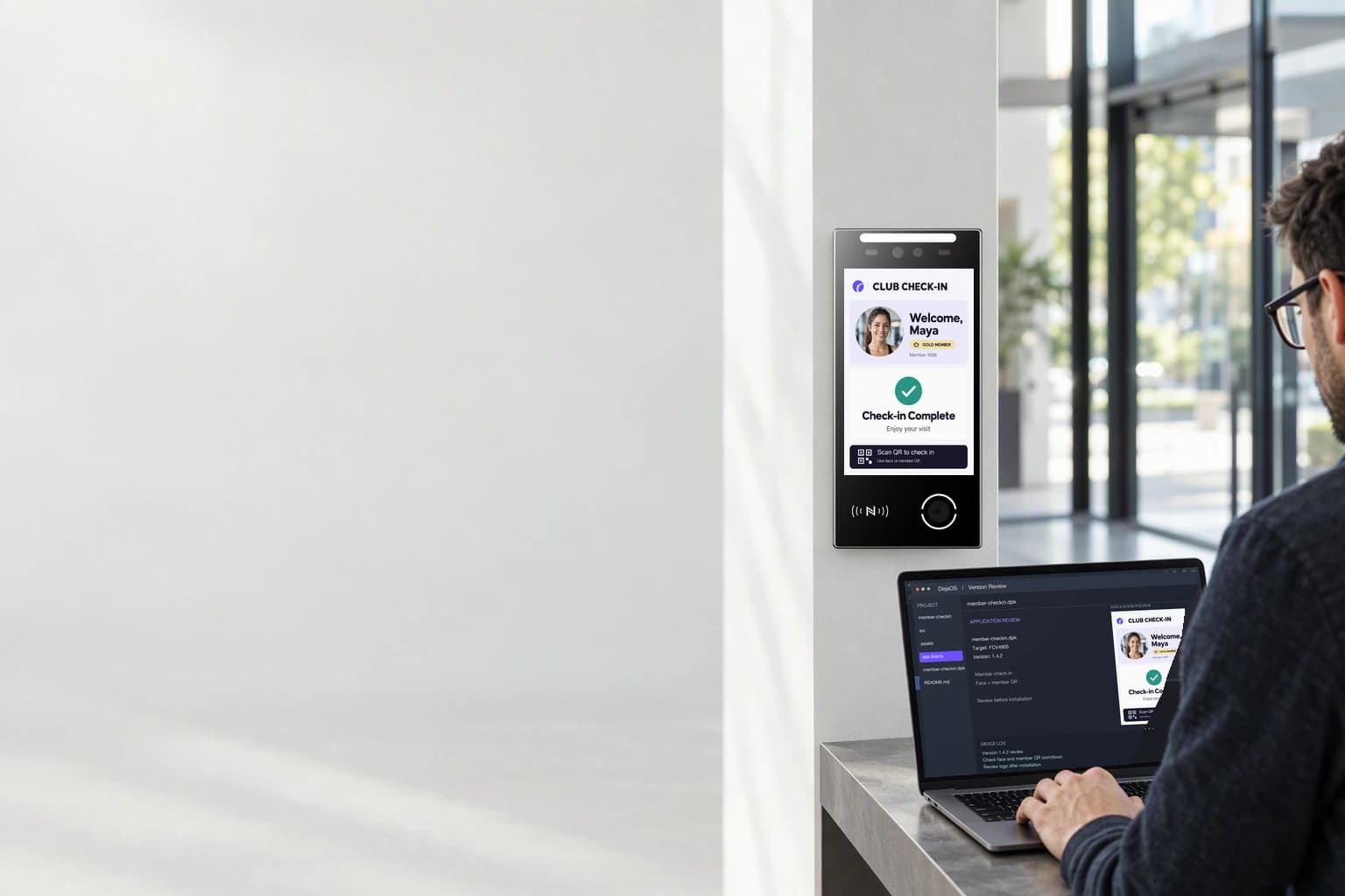 Workflow illustration of a developer reviewing an application beside a wall-mounted terminal; not a customer installation.
