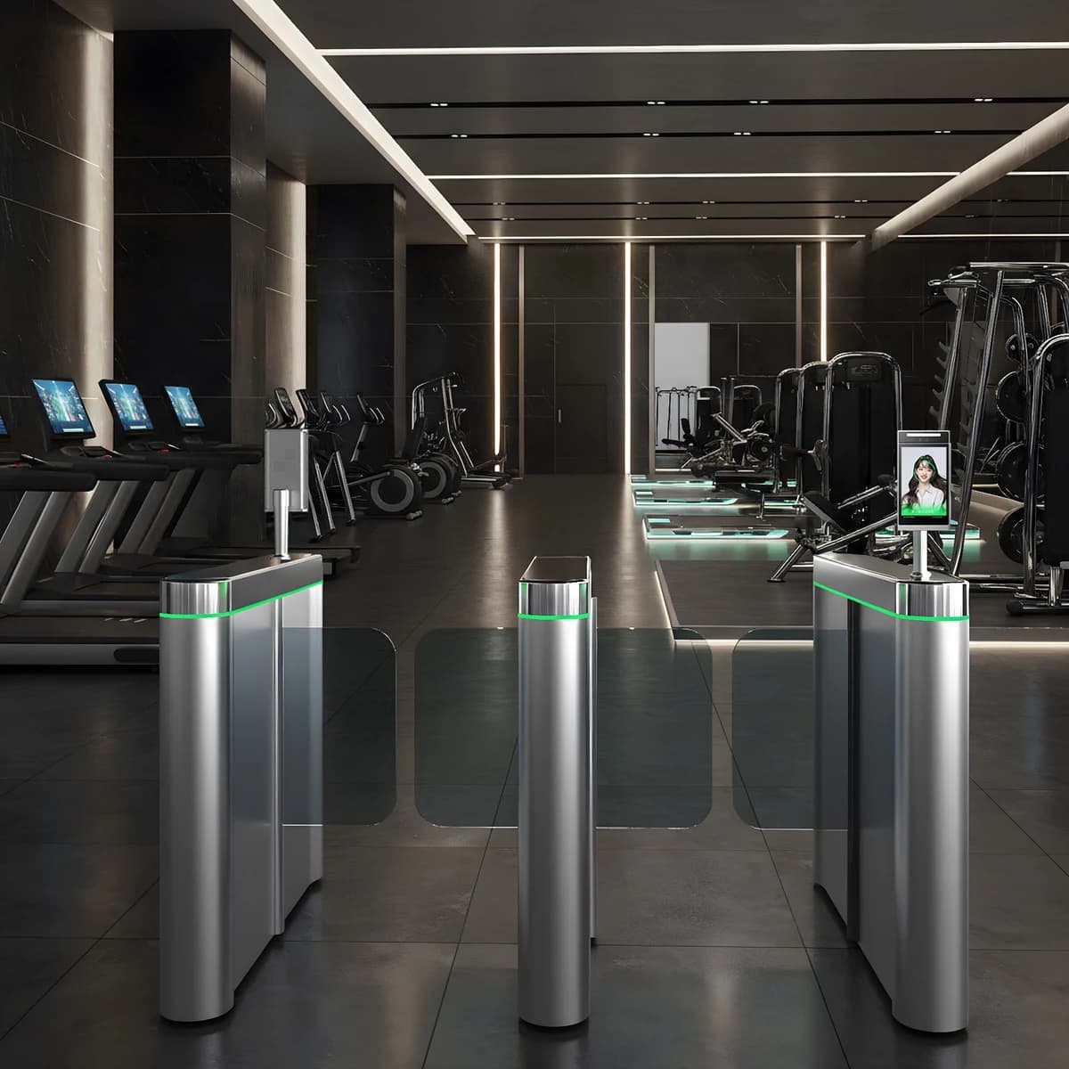 FCV5005 illustrated on pedestal mounts at a gym entrance
