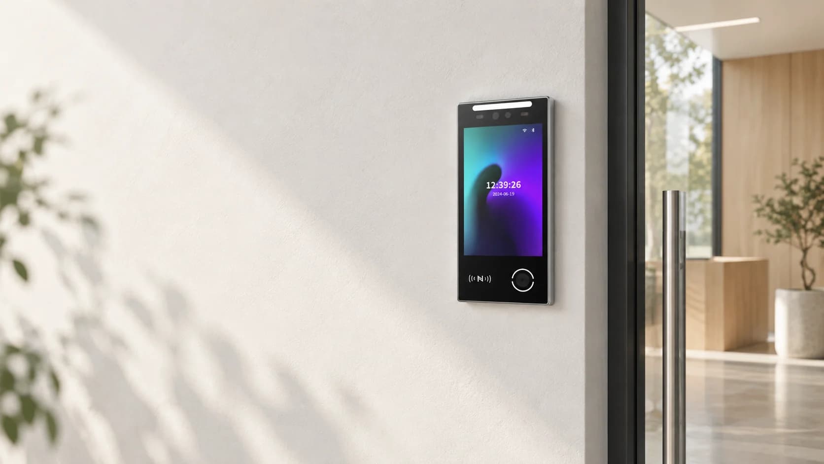 Application illustration of an FCV4905 terminal beside a glass entrance